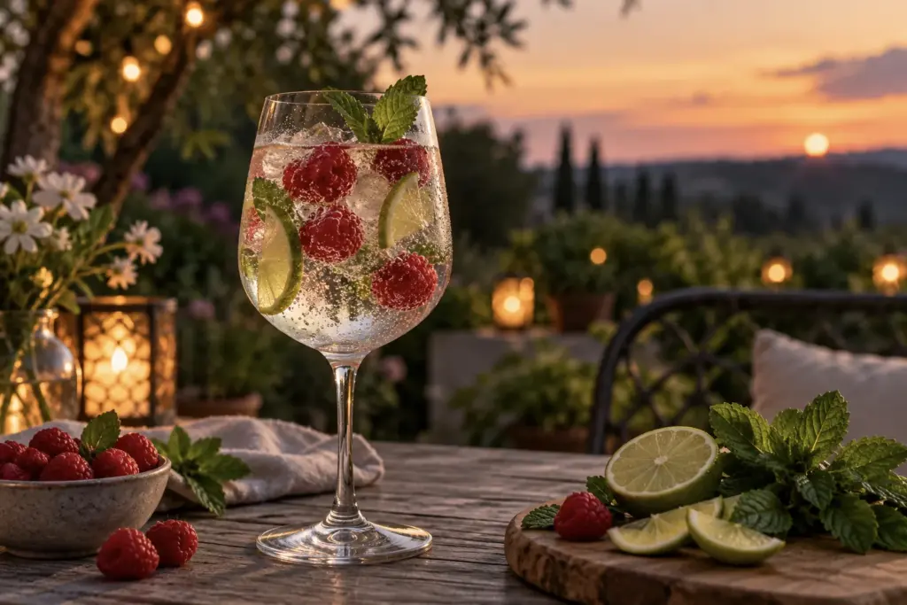Wine glass of sparkling water with raspberries, lime and mint in a garden