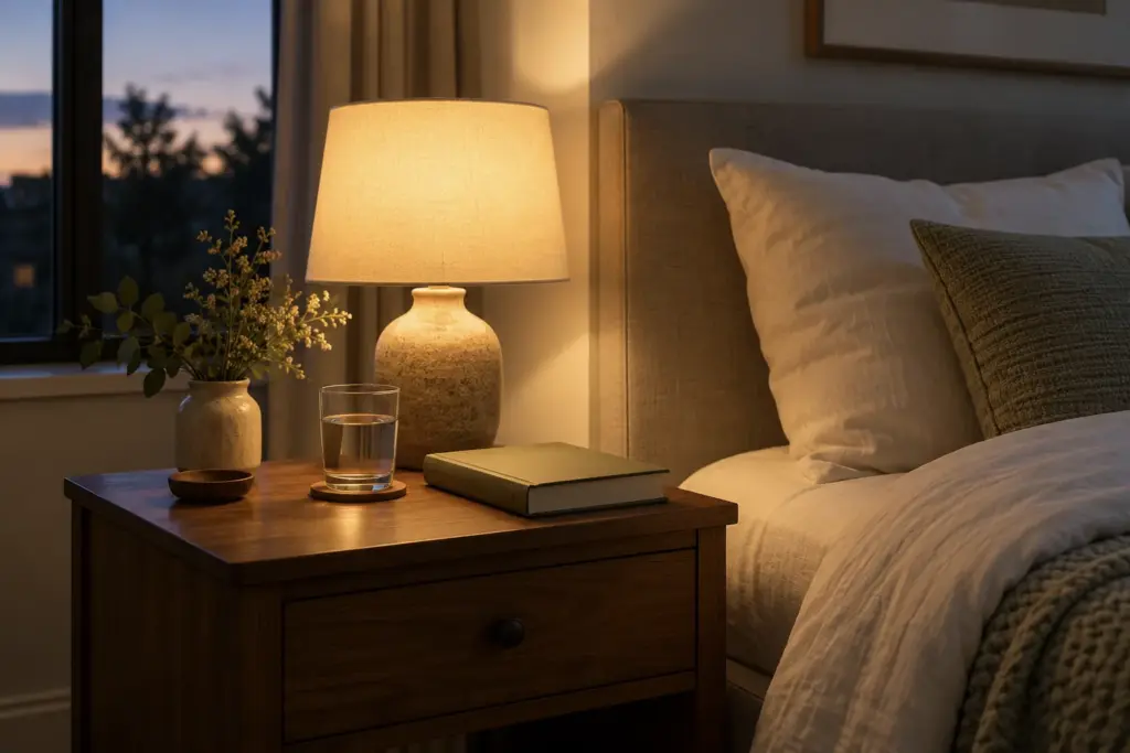 Bedside table with warm lamp, glass of water and a book at dusk