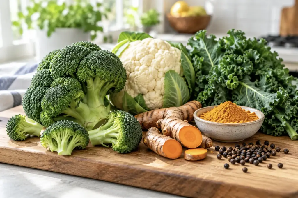 Board of broccoli, cauliflower, kale and fresh turmeric root with spices