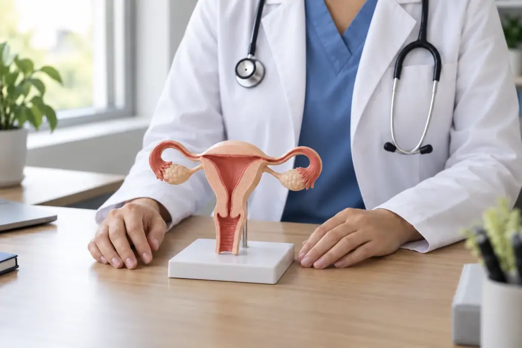 Doctor in a white coat with a plain anatomical model of the uterus on a desk