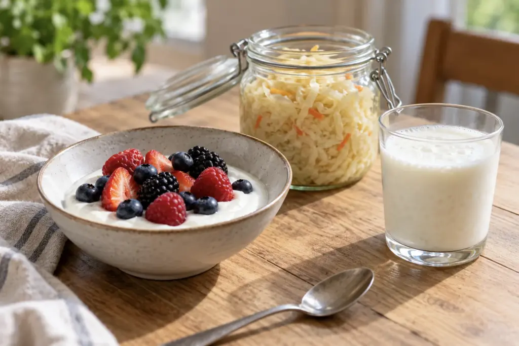Yoghurt with berries, sauerkraut and kefir on a wooden table for gut health