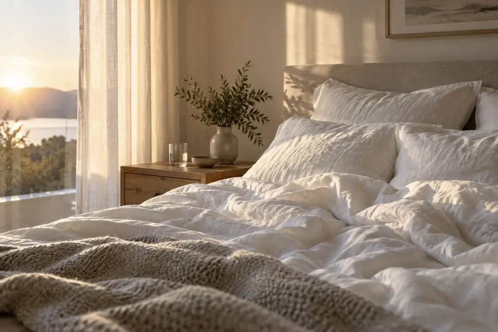 Calm bedroom at sunrise with white linen bedding and a glass of water