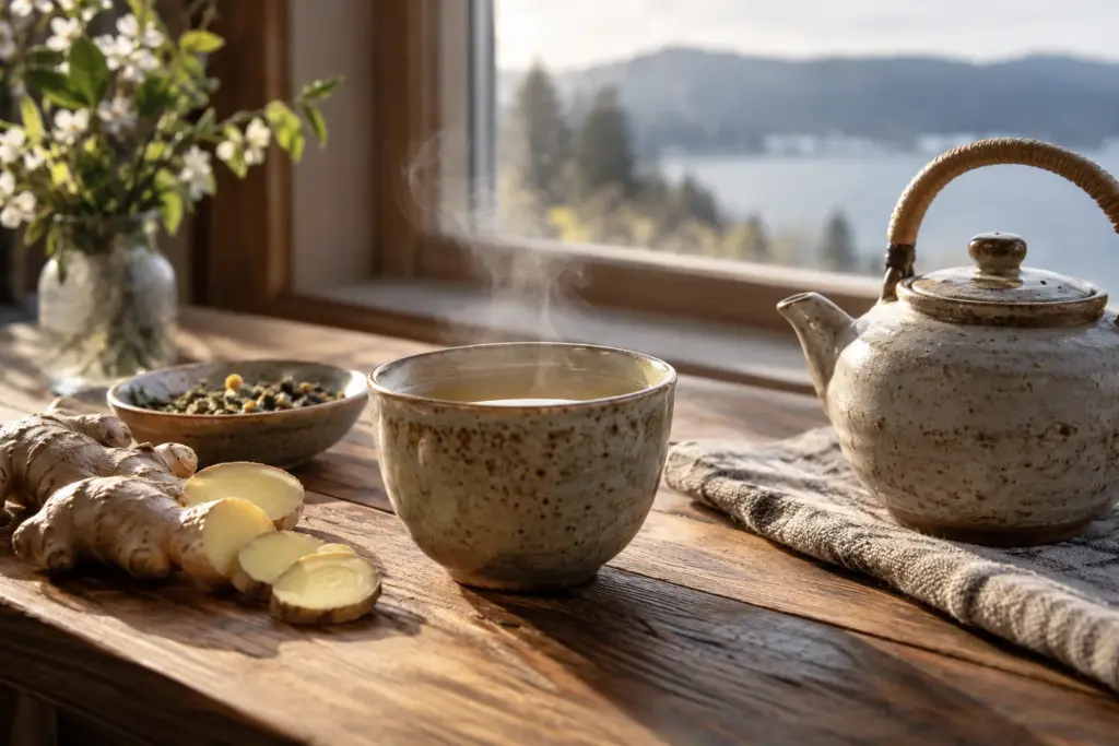 Steaming cup of herbal tea with fresh ginger and a ceramic teapot