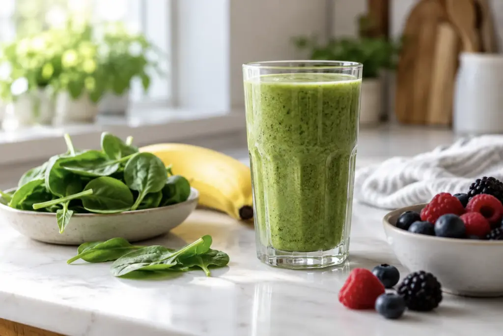 Glass of green spinach smoothie with banana and mixed berries