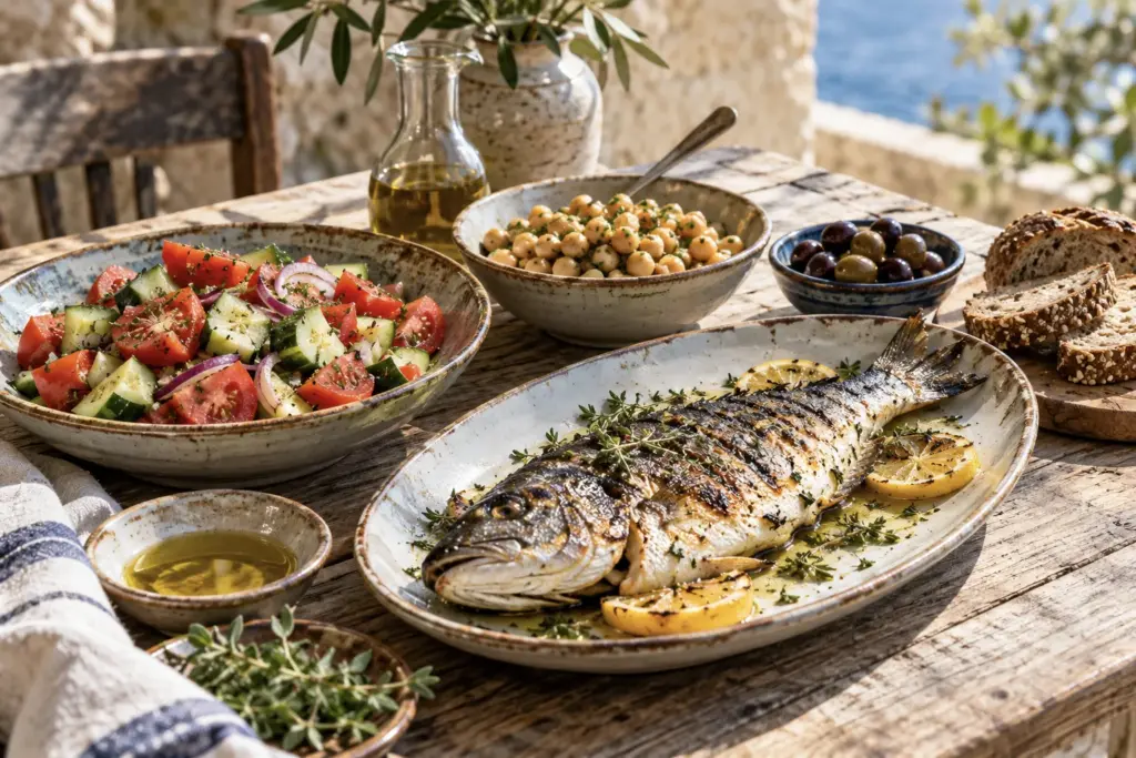 Mediterranean meal of grilled fish, tomato salad, chickpeas and olives