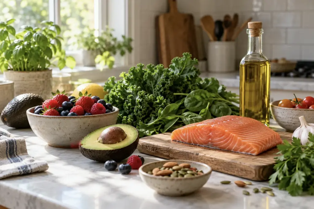 Kitchen counter with salmon, kale, berries, avocado and olive oil