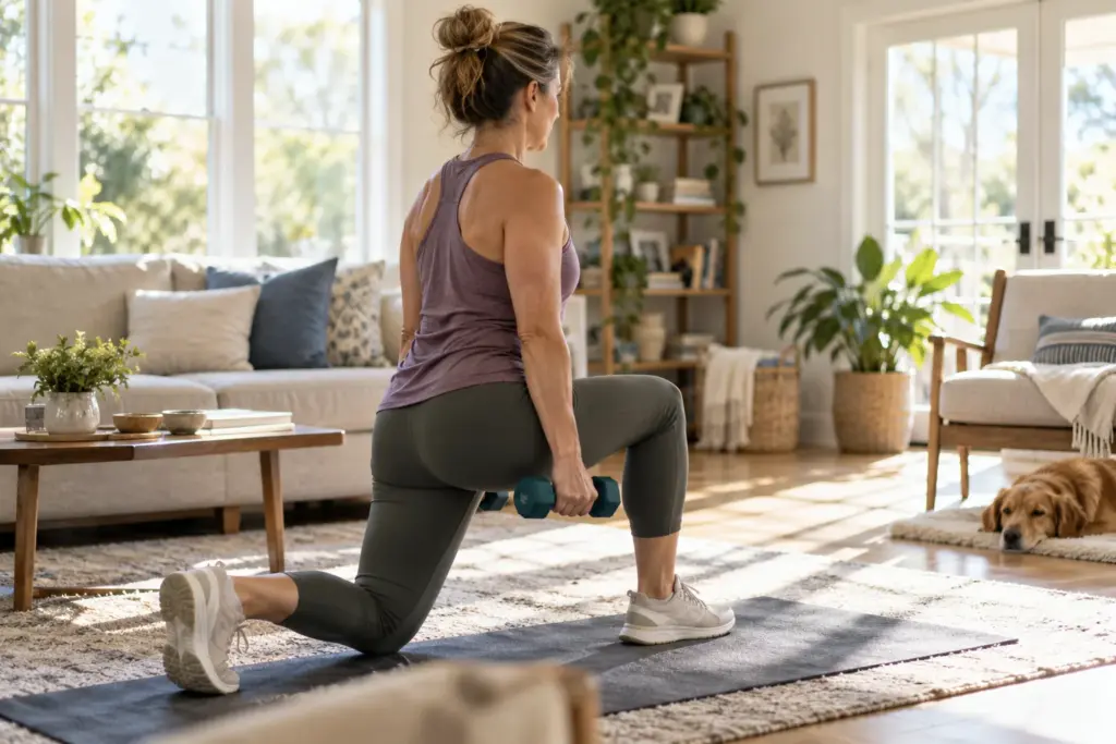 Woman doing a dumbbell lunge on a mat in a bright living room