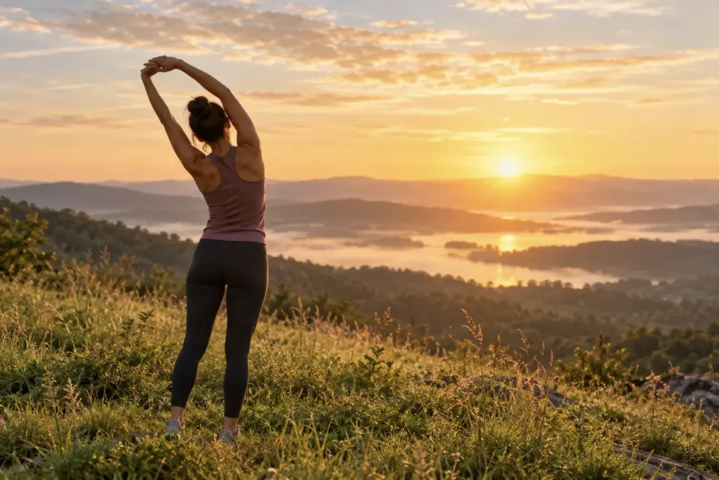 Woman stretching on a grassy hilltop at sunrise, seen from behind