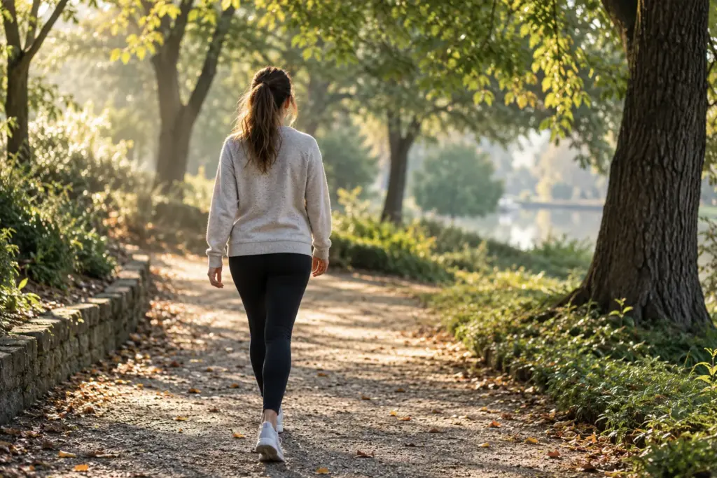 Woman walking on a tree-lined park path in soft morning light