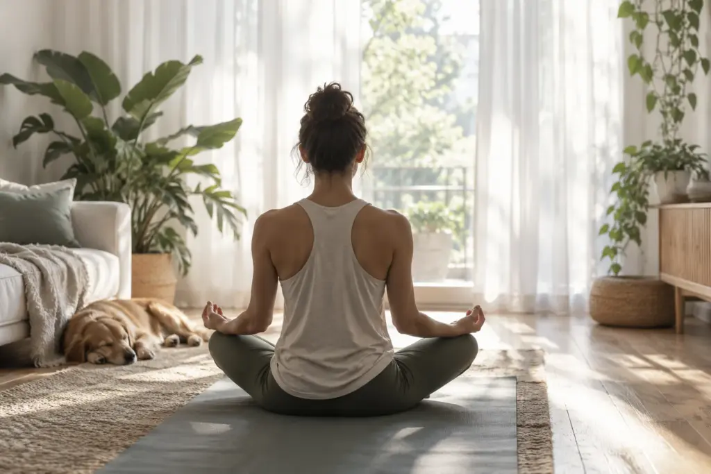 Woman sitting cross-legged on a yoga mat in a bright living room
