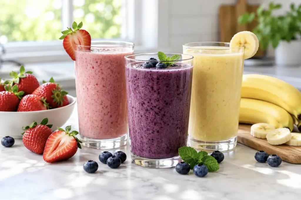 Three glasses of berry and banana smoothies on a bright kitchen counter