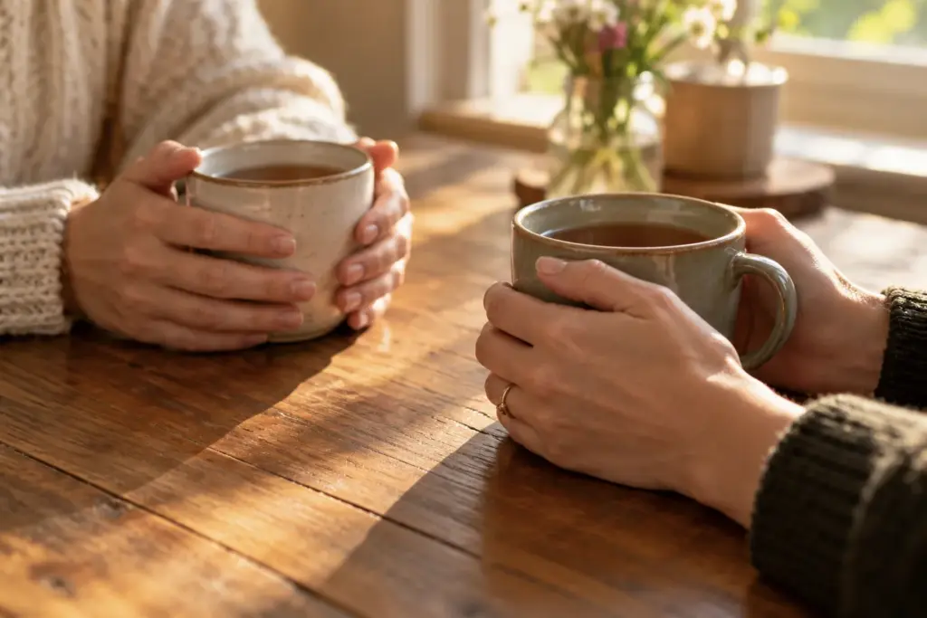 Two women's hands around mugs of tea at a wooden table