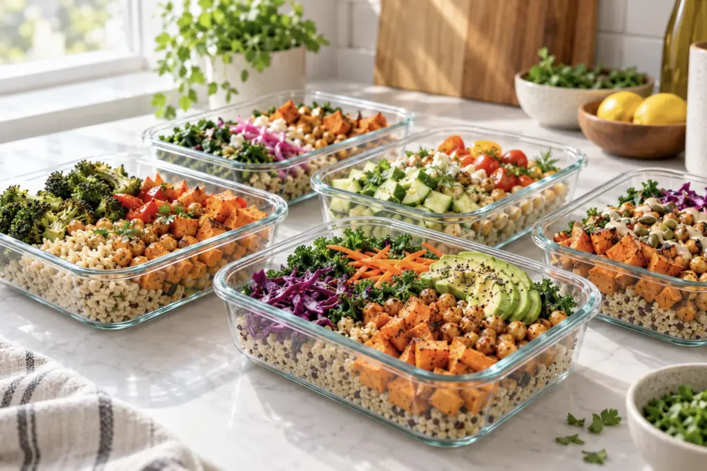Glass meal-prep containers with colourful grain bowls on a bright kitchen counter