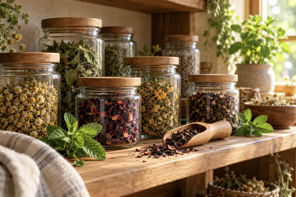 Glass jars of dried herbs and loose herbal teas with fresh mint on a wooden shelf