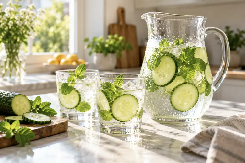 Glass pitcher of cucumber and mint infused water on a sunny kitchen table
