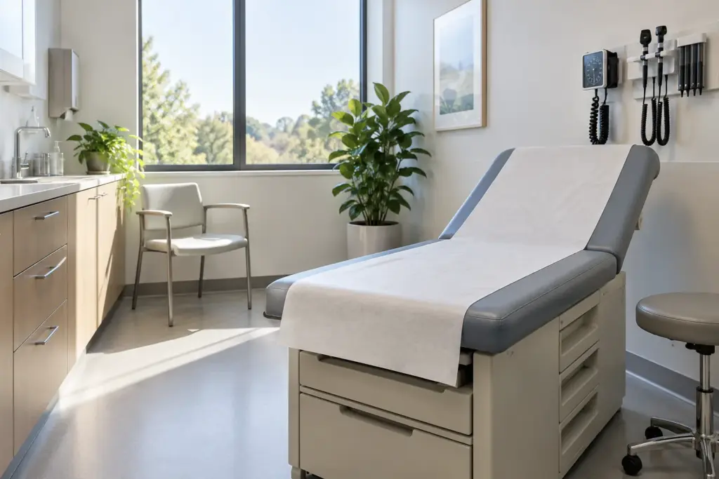 Clean empty medical examination room with an exam bed and daylight
