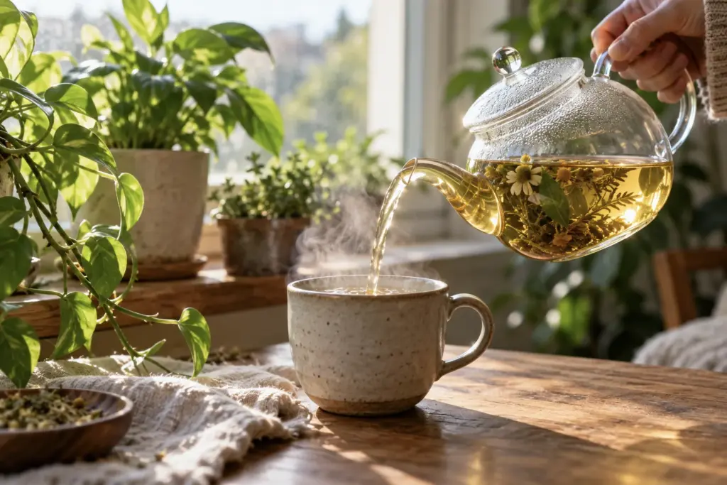 Herbal tea poured from a glass teapot into a ceramic cup by a sunny window