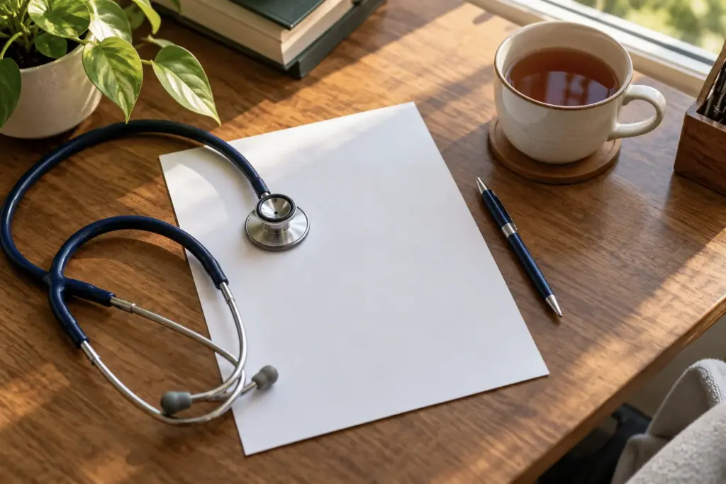 Stethoscope on blank paper with a pen and cup of tea on a wooden desk