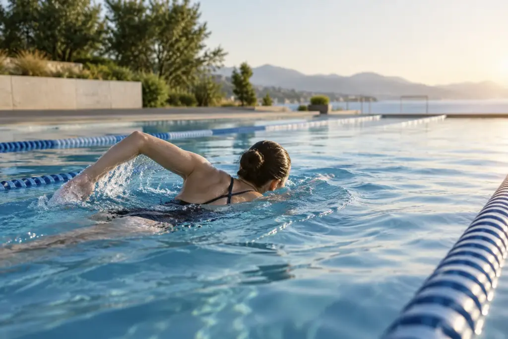 Woman swimming a slow lap in an outdoor pool at sunrise, low-impact exercise