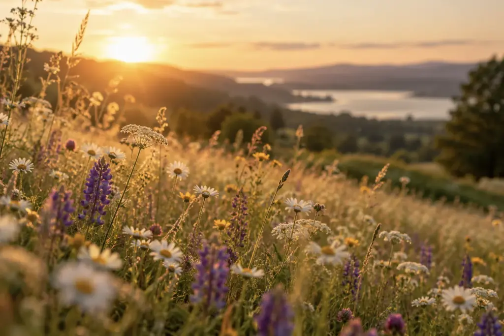 Wildflower meadow at golden hour with soft warm backlight