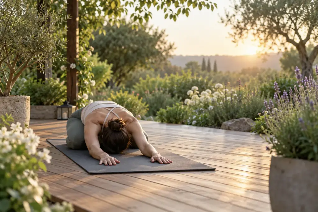 Woman in child pose on a yoga mat on a garden deck in the morning