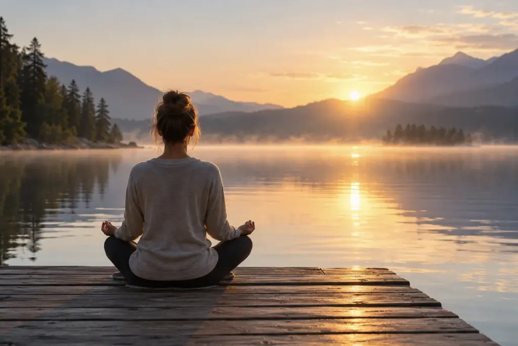 Woman meditating cross-legged on a wooden jetty by a calm lake at sunrise