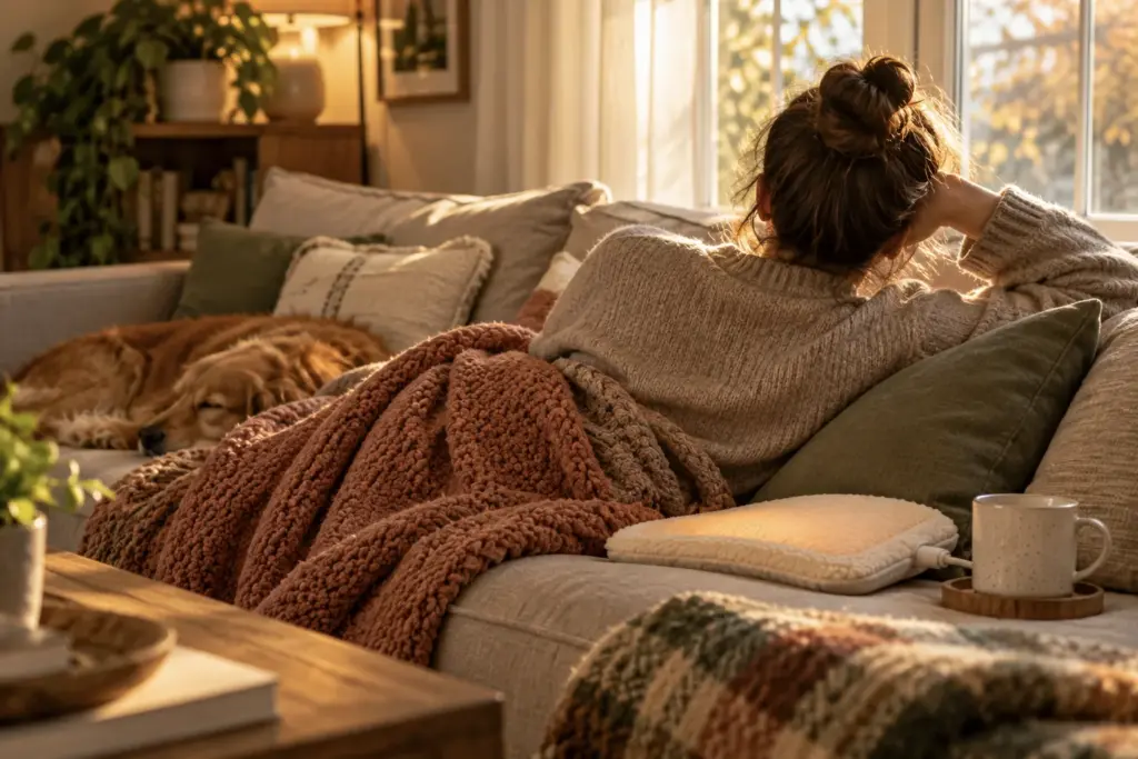 Woman resting on a sofa under a knit blanket with a heating pad and mug