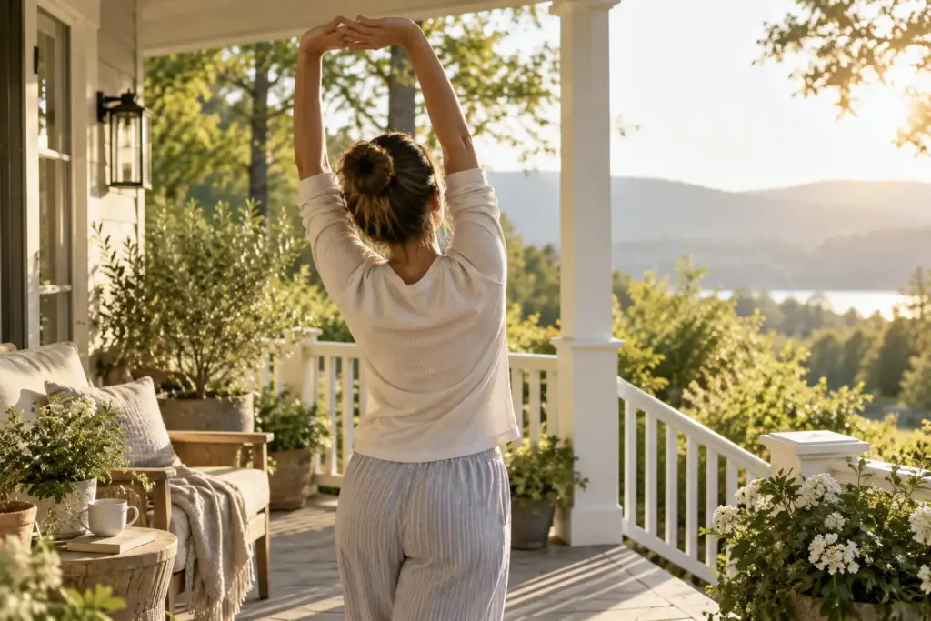 Woman stretching her arms overhead on a sunny porch in the morning, seen from behind